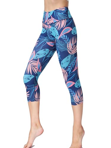 FLYILY Sporthose Damen Capri Yogahosen für Damen Elastische Tummy Control Yogahose Training Tights Yoga Hosen 3/4 Sporthose Laufhose(BlueLeaf,M) von FLYILY