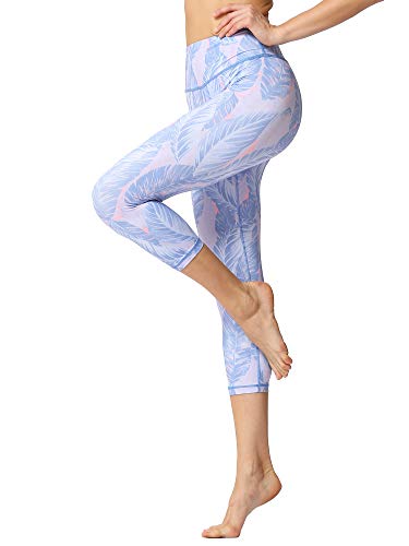 FLYILY Sporthose Damen Capri Yogahosen für Damen Elastische Tummy Control Yogahose Training Tights Yoga Hosen 3/4 Sporthose Laufhose(PinkLeaf,L) von FLYILY