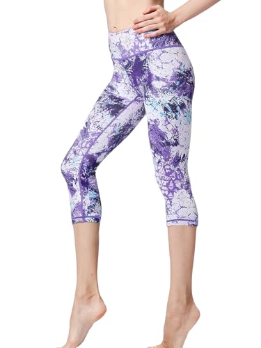 FLYILY Sporthose Damen Capri Yogahosen für Damen Elastische Tummy Control Yogahose Training Tights Yoga Hosen 3/4 Sporthose Laufhose(PurpleC,M) von FLYILY