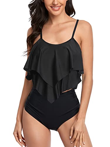 FLYILY Tankini High Waist Damen Zweiteiliger Bikini Set Badeanzug Rüschen Bedruckt Bademode mit Hoher Taille Bikinihose Tankini Oberteil Strandkleidung(3-Black,L) von FLYILY