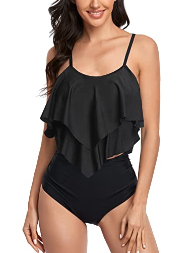 FLYILY Tankini High Waist Damen Zweiteiliger Bikini Set Badeanzug Rüschen Bedruckt Bademode mit Hoher Taille Bikinihose Tankini Oberteil Strandkleidung(3-Black,M) von FLYILY