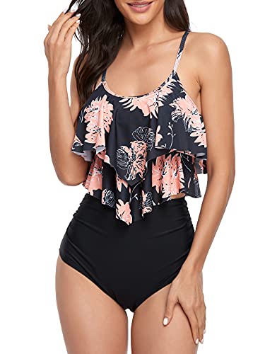 FLYILY Tankini High Waist Damen Zweiteiliger Bikini Set Badeanzug Rüschen Bedruckt Bademode mit Hoher Taille Bikinihose Tankini Oberteil Strandkleidung(1-BlackFlower,L) von FLYILY