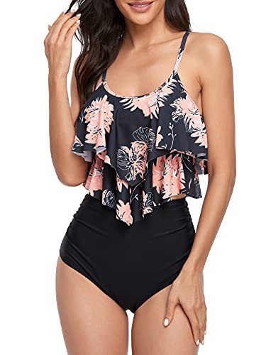 FLYILY Tankini High Waist Damen Zweiteiliger Bikini Set Badeanzug Rüschen Bedruckt Bademode mit Hoher Taille Bikinihose Tankini Oberteil Strandkleidung(1-BlackFlower,XL) von FLYILY