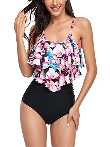 FLYILY Tankini High Waist Damen Zweiteiliger Bikini Set Badeanzug Rüschen Bedruckt Bademode mit Hoher Taille Bikinihose Tankini Oberteil Strandkleidung(2-PinkFlower,L) von FLYILY