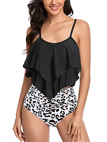 FLYILY Tankini High Waist Damen Zweiteiliger Bikini Set Badeanzug Rüschen Bedruckt Bademode mit Hoher Taille Bikinihose Tankini Oberteil Strandkleidung(3-BlackLeopard,M) von FLYILY