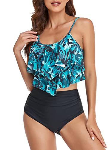 FLYILY Tankini High Waist Damen Zweiteiliger Bikini Set Badeanzug Rüschen Bedruckt Bademode mit Hoher Taille Bikinihose Tankini Oberteil Strandkleidung(3-BlueLeaf,M) von FLYILY