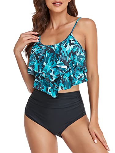 FLYILY Tankini High Waist Damen Zweiteiliger Bikini Set Badeanzug Rüschen Bedruckt Bademode mit Hoher Taille Bikinihose Tankini Oberteil Strandkleidung(3-BlueLeaf,S) von FLYILY