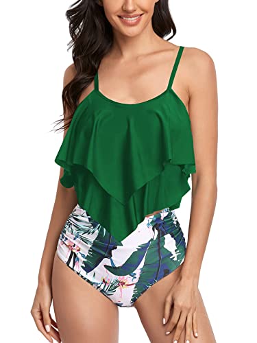 FLYILY Tankini High Waist Damen Zweiteiliger Bikini Set Badeanzug Rüschen Bedruckt Bademode mit Hoher Taille Bikinihose Tankini Oberteil Strandkleidung(3-Green,L) von FLYILY