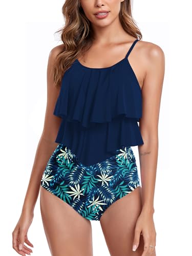 FLYILY Tankini High Waist Damen Zweiteiliger Bikini Set Badeanzug Rüschen Bedruckt Bademode mit Hoher Taille Bikinihose Tankini Oberteil Strandkleidung(4-Navy,S) von FLYILY