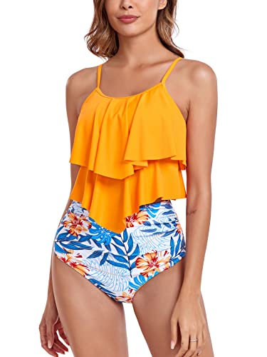 FLYILY Tankini High Waist Damen Zweiteiliger Bikini Set Badeanzug Rüschen Bedruckt Bademode mit Hoher Taille Bikinihose Tankini Oberteil Strandkleidung(4-Orange,M) von FLYILY