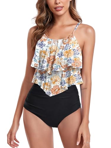 FLYILY Tankini High Waist Damen Zweiteiliger Bikini Set Badeanzug Rüschen Bedruckt Bademode mit Hoher Taille Bikinihose Tankini Oberteil Strandkleidung(4-OrangeFlower,L) von FLYILY