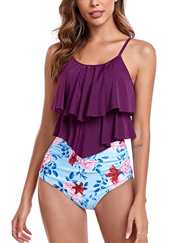 FLYILY Tankini High Waist Damen Zweiteiliger Bikini Set Badeanzug Rüschen Bedruckt Bademode mit Hoher Taille Bikinihose Tankini Oberteil Strandkleidung(4-Purple,L) von FLYILY