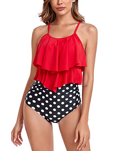 FLYILY Tankini High Waist Damen Zweiteiliger Bikini Set Badeanzug Rüschen Bedruckt Bademode mit Hoher Taille Bikinihose Tankini Oberteil Strandkleidung(4-Red,L) von FLYILY