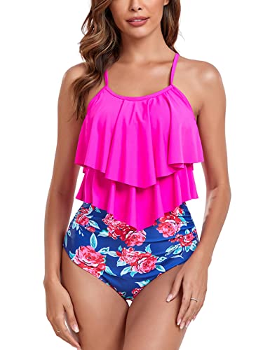 FLYILY Tankini High Waist Damen Zweiteiliger Bikini Set Badeanzug Rüschen Bedruckt Bademode mit Hoher Taille Bikinihose Tankini Oberteil Strandkleidung(4-Rosered,L) von FLYILY