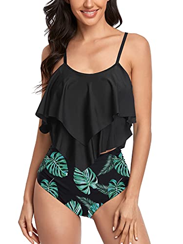FLYILY Tankini High Waist Damen Zweiteiliger Bikini Set Badeanzug Rüschen Bedruckt Bademode mit Hoher Taille Bikinihose Tankini Oberteil Strandkleidung(2-BlackLeaf,S) von FLYILY