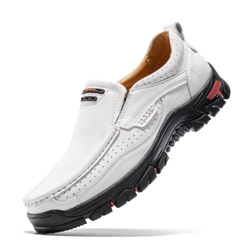 FLYLAND Basic 1.0 Herren Mode Loafers Vintage Klassische Leder Stiefeletten Handgemachte Chukka Boots Täglich Casual Arbeit Büro Schuhe Fahrschuhe, Y Weiß, 44 EU von FLYLAND