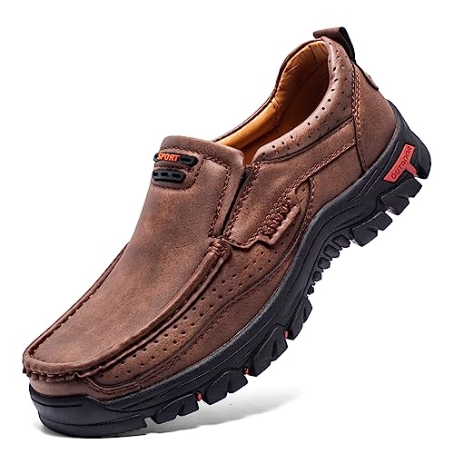 FLYLAND Basic 1.0 Herren Mode Müßiggänger Vintage Klassische Leder Stiefeletten Handgemachte Chukka Stiefel Täglich Casual Arbeit Büro Schuhe Fahren Schuhe, Braun, 43 EU von FLYLAND