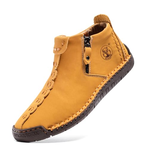 FLYLAND Herren Casual Leder Handgefertigte Mode Sneakers Knöchel Chukka Boots Leichte Mid-Top Kleid Schuhe Walking Driving Shoe, Goldfarben, 42.5 EU von FLYLAND