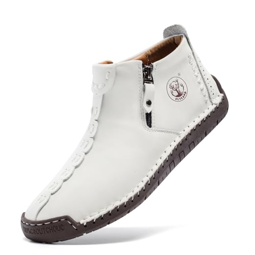 FLYLAND Herren Casual Leder Handgefertigte Mode Sneakers Knöchel Chukka Boots Leichte Mid-Top Kleid Schuhe Walking Driving Shoe, Weiss/opulenter Garten, 46 EU von FLYLAND