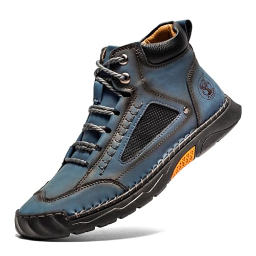 FLYLAND Herren Casual Leder Mode Sneakers Knöchel Chukka Boots Handmade Leichte Loafers Mid-Top Kleid Stiefel Walking Driving Schuhe, Blau, 47 EU von FLYLAND