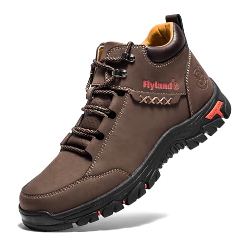 FLYLAND Herren Casual Lederschuhe Chukka Stiefeletten Handgemachte Mode Schuhe Rutschfest Atmungsaktiv Bequem Mid Top für Fahren Walking Outdoor, Braun, 41 EU von FLYLAND
