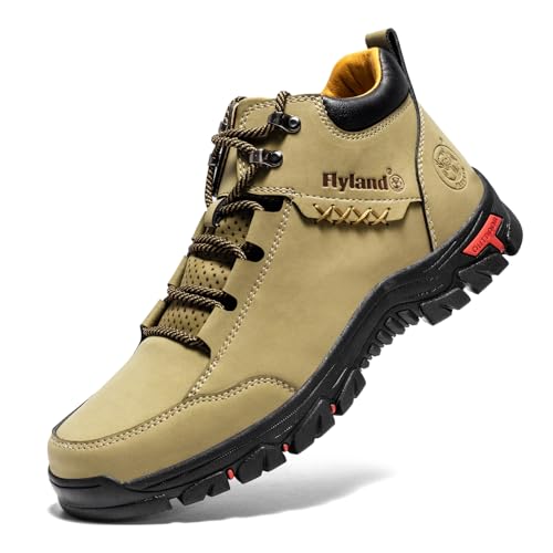 FLYLAND Herren Casual Lederschuhe Chukka Stiefeletten Handgemachte Mode Schuhe Rutschfest Atmungsaktiv Bequem Mid Top für Fahren Walking Outdoor, CAMEL, 41.5 EU von FLYLAND