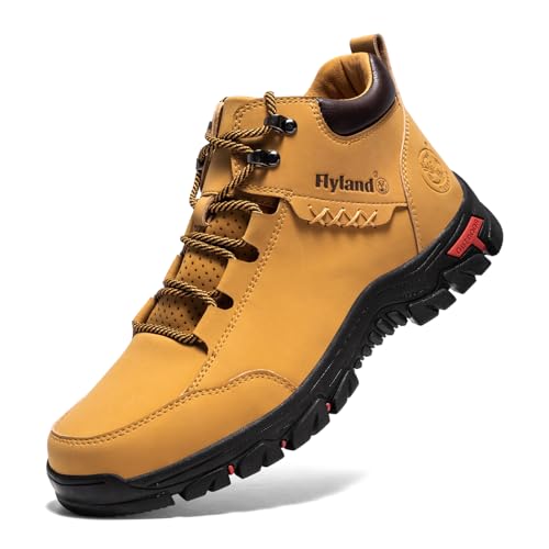 FLYLAND Herren Casual Lederschuhe Chukka Stiefeletten Handgemachte Mode Schuhe Rutschfest Atmungsaktiv Bequem Mid Top für Fahren Walking Outdoor, Goldfarben, 42.5 EU von FLYLAND