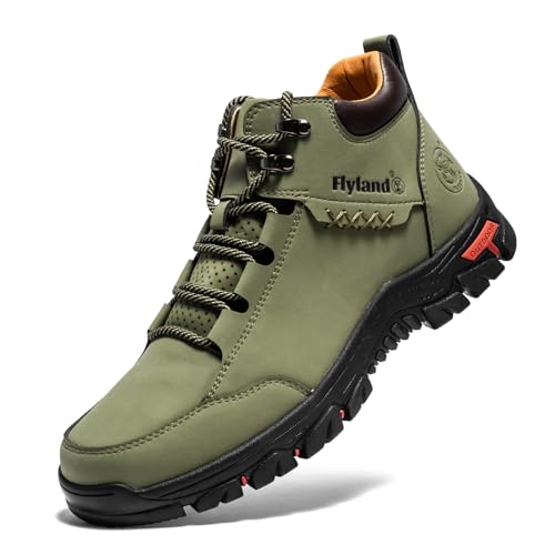FLYLAND Herren Casual Lederschuhe Chukka Stiefeletten Handgemachte Mode Schuhe Rutschfest Atmungsaktiv Bequem Mid Top für Fahren Walking Outdoor, Khaki, 42.5 EU von FLYLAND