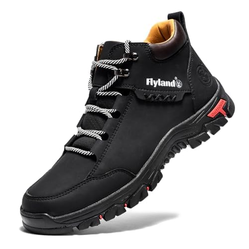 FLYLAND Herren Casual Lederschuhe Chukka Stiefeletten Handgemachte Mode Schuhe Rutschfest Atmungsaktiv Bequem Mid Top für Fahren Walking Outdoor, Schwarz, 41 EU von FLYLAND