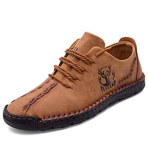 FLYLAND Herren Causal Loafers Leder Handarbeit Fahren Oxford Flache Bequeme Wanderschuhe Chukka Stiefel Business Arbeit Büro Schuhe, Braun, 41.5 EU von FLYLAND