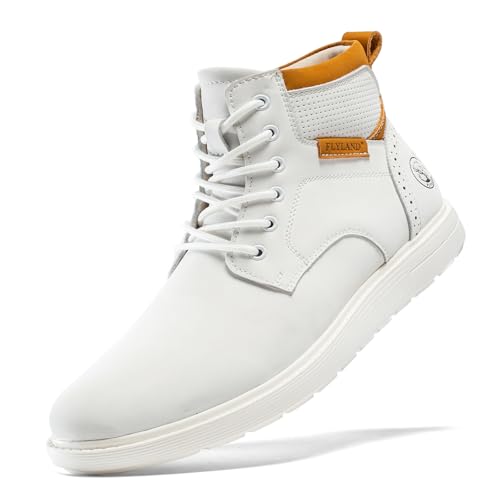 FLYLAND Herren Fashion Sneaker Chukka Boots Schnürschuh Leder Knöchel Kleid Stiefel Leichte rutschfeste Wanderschuhe, Weiss/opulenter Garten, 40 EU von FLYLAND
