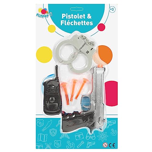 FLYPOP'S - Polizei-Set – Kostümzubehör – 184211 – Schwarz – Kunststoff – Polizist – Spielzeug für Kinder – Karneval – Kostüm – Pistole – Handschellen – 21 cm x 38,5 cm – ab 3 Jahren von FLYPOP'S