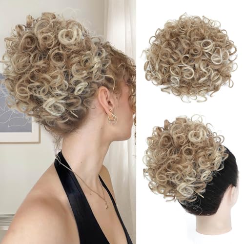 Flyroseing Elastisches Haarteil mit Kordelzug, unordentlicher Dutt, kurze lockige Haarknoten-Extensions, blond mit Strähnchen, synthetisches Kunsthaar, lockiges Dutt, Haarteil für Damen von FLYROSEING