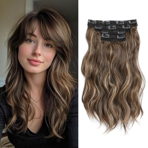 Flyroseing Gewellte lockige Haarverlängerungen, Braun mit Strähnen, 4 Stück, 35,6 cm, kurze synthetische Clip-in-Haarverlängerung, unsichtbare Spitzenschuss, natürlich weiche Haarteile für Damen von FLYROSEING