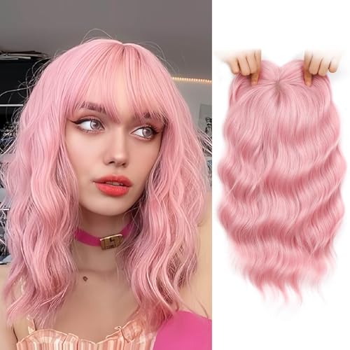 Flyroseing Haar-Topper, 16,5 x 16,5 cm, große Basis-Topper mit Pony, Clip in für Haarausfall, kurz, 35,6 cm, rosa, gewellt, synthetische Perücken, Haarteile für Frauen von FLYROSEING