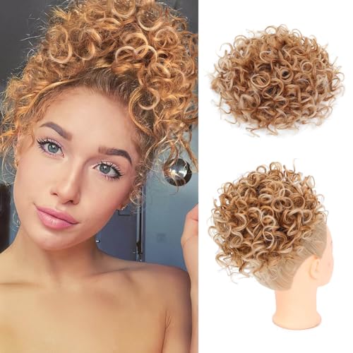 Flyroseing Haarteil für Damen, Ombré-Stil, Ingwer-Erdbeerblond, unordentlicher Dutt, kurz, lockig, elastischer Kordelzug, synthetisch, gelockt, Haarteil für Damen von FLYROSEING
