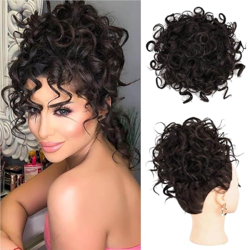 Flyroseing Haarteil für Haarknoten, mittelbraun, kurz, lockig, elastisch, mit Kordelzug, synthetische Kunst-Clip für Damen von FLYROSEING