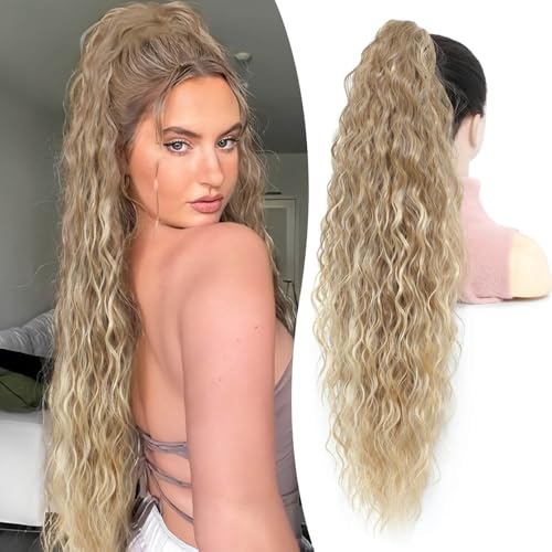 Flyroseing Lockige Pferdeschwanz-Verlängerung, 76,2 cm, Klauen-Clip-in-Haarverlängerung, synthetische Pferdeschwanz-Verlängerungen für Damen, Braunblond mit Strähnchen von FLYROSEING