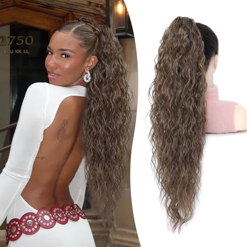 Flyroseing Pferdeschwanz-Verlängerung, synthetische Klauen-Clip-in-Haarverlängerung, 76,2 cm lang, lockig, mittelbraune Pferdeschwanz-Verlängerung für Damen von FLYROSEING