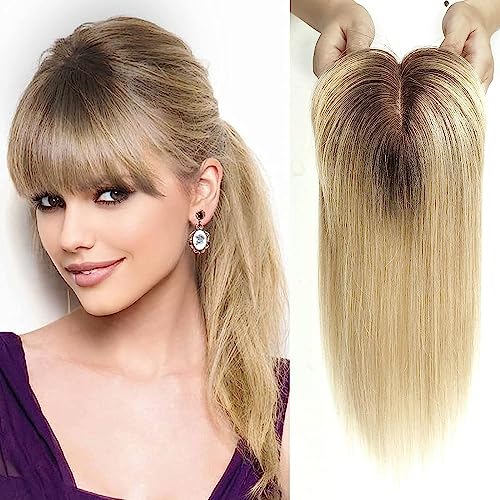 Halloween Echthaar-Topper für Frauen, 100% Remy-Echthaar-Topper mit Pony, 150% Dichte, Clip-in-Topper auf Seidenbasis, 35,6 cm, 40 g – Ombré-Hellblond von FLYUFO