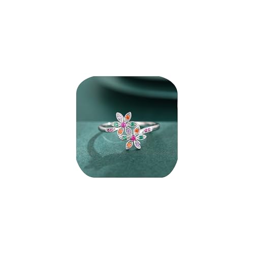 Regenbogenfarbener Doppel-Sonnenblumen-Ring für Damen, Kirschblüte, Zirkonia, Schneeflocke, florales Statement, funkelnder Kristall, Zirkonia, Verlobungsring, Hochzeitsring, Jahrestag, Schmuck von FLYYQMIAO