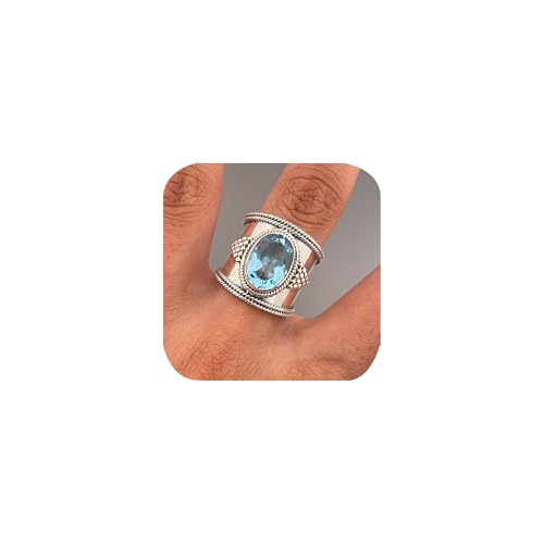 Retro-Ring, breiter Ring, Statement, klobiger Ring, Vintage-Stil, oval, Saphir, Aquamarin, Boho-Ring, Cocktail-Party, Bikerring, übertriebener Daumenring, Modeschmuck, Geschenk für Damen und Herren von FLYYQMIAO