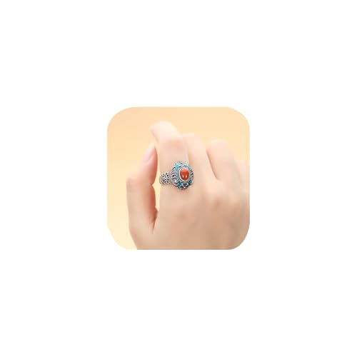 Retro-Ring mit 925er-Sterlingsilber überzogen, oval, künstlicher roter Achat, Lotus, offener Ring für Frauen, Blume, Versprechen, Emaille, Hochzeit, Statement, Geschenk, Band, antiker Türkisstein von FLYYQMIAO