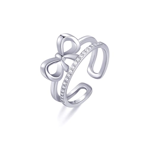 Zierliche Schleife gebunden, 14 Karat vergoldet, 925er Sterlingsilber, verstellbarer Kreisring, doppelt offenes Band für Damen, schlicht, modisch, stapelbar, Fingerschmuck, Valentinstag, stapelbar von FLYYQMIAO