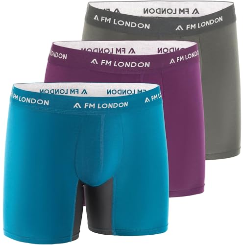 FM London 3er-Pack Bambus-Boxershorts für Herren mit Reibungsschutz – Weiche Unterhosen für Männer mit Langem Bein und Vorgeformtem Schritt – Feuchtigkeitsableitend, Etikettenlos und Atmungsaktiv von FM London