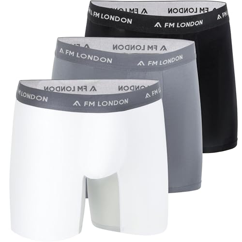 FM London 3er-Pack Herren Bambus-Boxershorts mit Anti-Scheuer-Einsätzen – weiche Boxershorts mit langen Beinen und Beutel von FM London