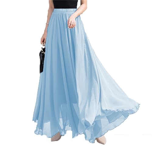 Damen Chiffon Maxirock Elastische Taille Sommer Lässig Swing Fließender Lang Strandrock,S,himmelblau von FM2018XSL