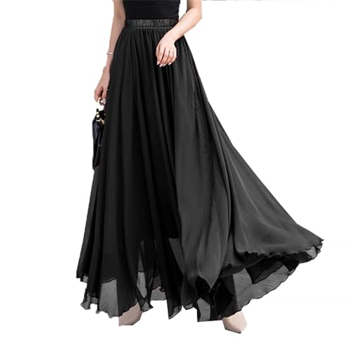 Damen Chiffon Maxirock Elastische Taille Sommer Lässig Swing Fließender Lang Strandrock,S,schwarz von FM2018XSL