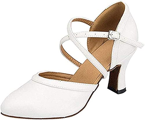 Damen Mädchen Elegante und Bequeme Schuhe Tanzschuhe Latein mit Absatz 5cm/7cm Gummisohle für Aussenbereich/Ledersohle für Innenbereich, weiß, 37 von FM2018XSL