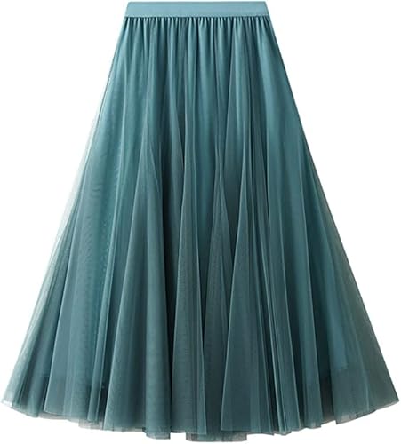 Damen Mädchen eleganter Rock Knielang hohe Taille mittellanger Netzrock Faltenrock A-Linie Rock Feenrock-Grüner See von FM2018XSL